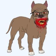 animal blood bloodshot_eyes brown_skin dog ear evil fangs full_body glasses pitbull smile soyjak stubble tail teeth variant:feraljak wrinkles yellow_teeth // 1200x1200 // 121.5KB