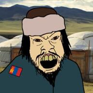 brown_eyes clothes flag goatee hair hat irl_background mongol mongolia mustache open_mouth soyjak stubble variant:feraljak yellow_teeth // 1000x1000 // 466.2KB