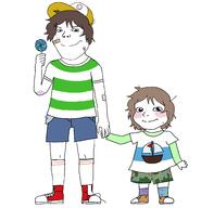2soyjaks arm brown_hair cap child closed_mouth clothes full_body hair hand hat holding_hand holding_object leg smile soyjak subvariant:albert subvariant:shoyta variant:gapejak // 2500x2600 // 102.3KB
