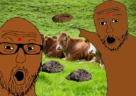 2soyjaks arm bindi brown_skin cow glasses hand indian irl_background open_mouth pointing poop soyjak stubble variant:two_pointing_soyjaks // 750x532 // 475.3KB