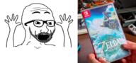 animated arm excited glasses hand hands_up nintendo nintendo_switch open_mouth real_person shaking soyjak stubble text variant:excited_soyjak video_game // 680x315 // 943.5KB