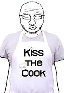 apron arm bald chef_hat closed_eyes clothes glasses hat kiss kiss_the_cook open_mouth soyjak stubble subvariant:soyak_front text tshirt variant:soyak white_shirt // 524x764 // 173.6KB