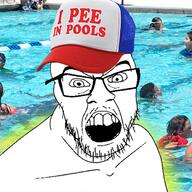 angry cap clothes glasses glowing hat irl_background open_mouth piss pool soyjak stubble swimming text variant:feraljak water // 680x680 // 607.2KB