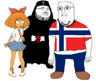 2soyjaks bible bowtie closed_mouth clothes country cross female flag flag:norway full_body glasses hair hat holding_object marriage mymy necktie norway ongezellig open_mouth orange_hair orange_skin orthodox_church priest skirt soyjak stubble variant:fatjak variant:norwegian wedding // 1447x1219 // 110.2KB