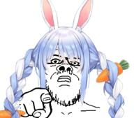 blue_hair carrot closed_mouth ear glasses hair hand hololive mustache pekora pointing pointing_at_viewer rabbit soyjak stubble variant:a24_slowburn_soyjak // 753x663 // 350.0KB