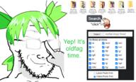 4chan a_(4chan) anime archive closed_mouth desuarchive folder glasses glowing glowing_eyes glowing_glasses green_hair hair hand oldfag smile smug soyjak stubble text variant:soyak yotsoyba // 1318x799 // 500.1KB