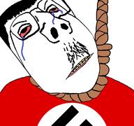 bloodshot_eyes clenched_teeth closed_mouth clothes crying distorted glasses hair hanging holding_breath mustache nazism rope soyjak swastika variant:gapejak yellow_teeth // 768x719 // 181.8KB