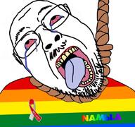 aids bloodshot_eyes crying flag gay glasses hanging lgbt mustache nambla open_mouth pedophile rainbow_flag rope soyjak stubble suicide text tongue tranny variant:gapejak_front yellow_teeth // 768x719 // 424.5KB