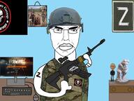 angry arm bulletproof_vest camouflage chud closed_mouth clothes combat_helmet computer ear escape_from_tarkov figurine firearm frog glasses gun hand helm helmet hohol holding_gun holding_object holding_rifle military military_uniform pepe pointing poster rifle russia soyjak subvariant:chudjak_front tapestry tarkov tattoo text the_thinking_man uniform variant:chudjak variant:two_pointing_soyjaks vest video_game vladimir_putin wagner_group weapon z_(russian_symbol) // 960x720 // 565.1KB