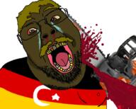 blood bloodshot_eyes chainsaw clothes country crying flag germany glasses hair open_mouth soyjak stubble tongue turkiye variant:bernd yellow_eyes yellow_hair yellow_sclera // 900x722 // 567.9KB