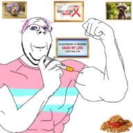 aids arm bowl buff clothes dog dog_food dress fist flag frame glasses hair hand hrt irl love makeup map purple_hair soyjak stubble swolesome syringe text tranny tshirt variant:wholesome_soyjak // 2000x2000 // 1.1MB