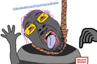 animated arm bloodshot_eyes booru button clothes excited glasses grey_skin hair hand hands_up hanging lolkek mustache name_tag open_mouth purple_hair rope soot_colors soyjak spinning stubble suicide text tongue tranny variant:bernd // 1249x831 // 1.4MB