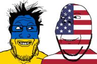2soyjaks are_you_soying_what_im_soying country flag glasses hair looking_at_each_other smile soyjak stubble subvariant:wholesome_soyjak ukraine united_states variant:gapejak variant:markiplier_soyjak // 1200x800 // 452.5KB