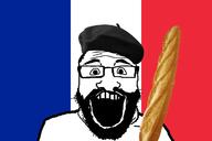 beard beret bread clothes country flag food france glasses hair hat open_mouth soyjak variant:science_lover // 1200x800 // 327.3KB