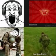 animated arm balding beanie camouflage cigarette closed_mouth clothes combat_helmet communism doomer eye_bags glasses gun hammer_and_sickle hand hat headphones holding_object irl leg military military_uniform music open_mouth russia sitting soldier soviet_union soyjak star_(symbol) stubble text variant:markiplier_soyjak video wojak youtube // 1280x1280, 28.5s // 4.4MB