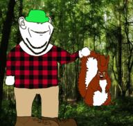 2soyjaks animal animated arm boot clothes crying ear forest full_body gif glasses hand hat holding_object irl_background leg oe_cake open_mouth plaid soyjak squirrel tail variant:feraljak variant:impish_soyak_ears // 600x569 // 1.9MB
