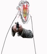 angry animated arm blood bloodshot_eyes clenched_teeth ear gif glasses gun hand holding_object red_eyes shooting soyjak stubble variant:feraljak vein weapon yellow_teeth // 625x722 // 158.4KB