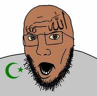 666 allah anime beard brown_eyes brown_skin clothes glasses halal islam mouth open_mouth satania soyjak variant:unknown yellow_sclera // 4440x4416 // 4.9MB