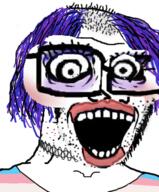 acne balding clothes crazed flag glasses hair makeup open_mouth purple_hair soyjak stubble tranny variant:soyak zoomed // 529x637 // 271.0KB