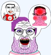 angry glasses nazism open_mouth pink_skin purple_eyebrows purple_hair purple_stubble rent_free smile speech_bubble stubble swastika toxoplasmosis tranny trans_flag transgender_flag variant:chudjak variant:its_out_get_in_here // 966x1040 // 211.3KB
