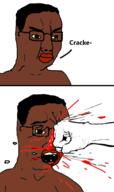 2soyjaks big_lips black_skin blood broken_glasses brown_eyes closed_mouth fist glasses hair hand open_mouth punch racism text variant:chudjak yellow_sclera // 1137x1920 // 126.3KB