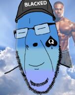 bbc blacked blue blue_skin calm cap closed_eyes closed_mouth clothes glasses hat irl irl_background queen_of_spades sky smile soyjak stubble tattoo variant:cobson // 791x1000 // 471.2KB