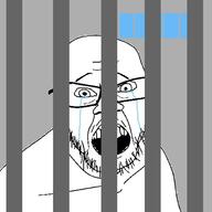 crying drawn_background glasses jail mustache open_mouth sad soyjak stubble variant:feraljak // 1500x1500 // 243.0KB