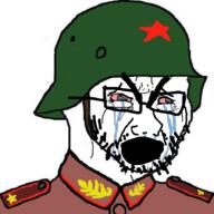 bloodshot_eyes clothes communism crying glasses hat helmet leftypol military open_mouth soldier soyjak star stubble thick_eyebrows variant:cryboy_soyjak // 900x900 // 490.7KB