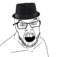 angry clothes fedora glasses hat mustache open_mouth soyjak stubble variant:feraljak // 1500x1500 // 570.6KB