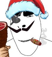 christmas cigar closed_mouth clothes eyepatch food hand hat holding_object meat mustache santa_hat smile soyjak variant:cobson // 775x849 // 65.6KB