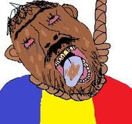 brown_skin clothes dead ear flag hair hanging monkey mustache one_eyebrow open_mouth poop redraw romania rope soyjak stubble suicide tongue variant:gapejak_front // 232x217 // 25.7KB