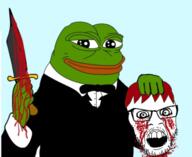 arm blood bowtie clothes crazed decapitation frog glasses gore hair hand holding_object knife mustache open_mouth pepe red_hair soyjak stubble tuxedo variant:feraljak // 512x418 // 138.6KB