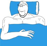 arm blanket blue buff closed_eyes glasses hand pillow sleeping smile soyjak stubble swolesome variant:wholesome_soyjak // 2062x2000 // 142.1KB
