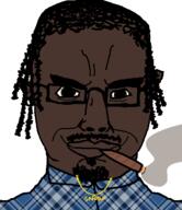 black_skin closed_mouth clothes ear glasses gold_chain hair mustache smile smoking smug snoop_dogg stubble subvariant:chudjak_front variant:chudjak weed // 484x561 // 95.6KB