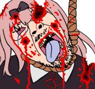 blood bowtie chika_fujiwara clothes crying glasses gore hair hanging kaguya_sama_love_is_war missing_teeth mustache open_mouth pink_hair rope stubble suicide tongue tranny variant:bernd yellow_teeth // 768x719 // 241.1KB