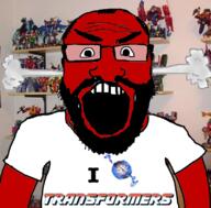 angry beard clothes fume glasses i_love irl_background logo open_mouth red_skin robot smoke soyjak subvariant:science_lover text transformers tshirt variant:markiplier_soyjak // 800x789 // 654.4KB