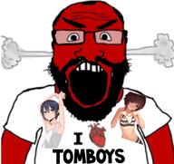 angry beard clothes fume glasses heart i_love open_mouth red_skin soyjak text tomboy tshirt variant:science_lover // 1567x1478 // 398.6KB