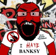 angry balding banksy beard clothes fume glasses graffiti hair i_hate open_mouth red_skin soyjak subvariant:science_lover text tshirt variant:markiplier_soyjak // 800x789 // 770.1KB