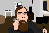 background beard blue_eyes brown_beard brown_hair closed_mouth clothes frown glasses gun neutral phone ronnie_mcnutt room soyjak suicide variant:cobson white_skin // 1040x693 // 30.1KB