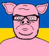 angry animal blue closed_mouth country ear flag glasses hohol pig pink pink_skin russo_ukrainian_war serious soyjak stubble ukraine variant:seriousjak yellow // 454x520 // 5.1KB