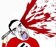 animated arm blood bloodshot_eyes crying dead glasses gun hair hand holding_object mustache nazi oe_cake open_mouth pol_4chan shooting soyjak subvariant:chudjak_front suicide swastika tongue variant:chudjak webm // 1600x1342, 10s // 1.9MB