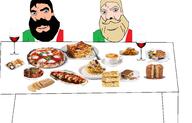 beard blue_eyes bread cake cappuccino food fork glass italy knife meat meatballs mustache nordic_chad pasta pastry pizza plate sauce table tomato_sauce variant:cobson wine yellow_hair // 2990x1920 // 2.6MB