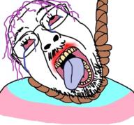 animated bloodshot_eyes clothes crying flag glasses hair hanging moving mustache open_mouth purple_hair rope soyjak spinning stubble suicide tongue tranny variant:bernd yellow_teeth // 760x704 // 517.3KB