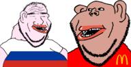 2soyjaks amerimutt arm balding brown_skin clothes country ear flag lips mcdonalds mutt norf_fc open_mouth pink_skin red_shirt russia small_eyes soyjak stubble subvariant:impish_amerimutt tshirt unibrow united_states variant:impish_soyak_ears // 1231x628 // 169.3KB