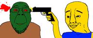 2soyjaks arm blood closed_mouth clothes glasses green_skin gun hand holding_object pistol red_eyes roblox shooting smile soyjak stubble variant:bernd variant:chudjak video_game yellow_skin zombie // 1622x680 // 100.7KB