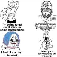 2soyjaks angry buff clothes doctor dr_soyowad dr_sprokeberg frown ftm giving glasses hair hairy hand holding_object meds mustache open_mouth soyjak soyjak_giving_meds steroids stubble testosterone text tired tranny variant:gapejak variant:markiplier_soyjak variant:wojak // 1080x1086 // 357.8KB