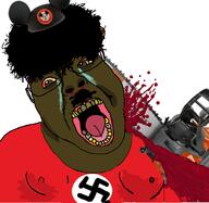 blood bloodshot_eyes brown_eyes brown_skin chainsaw clothes crying disney fat flag glasses hat mickey_mouse mustache nazi nipple open_mouth soyjak swastika variant:gapejak_front yellow_teeth // 676x658 // 250.4KB