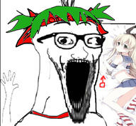 4chan anime arm body_pillow clothes glasses green_hair hair hand hands_up headband leg open_mouth soyjak stretched_mouth stubble subvariant:wewjak text variant:soyak yotsoyba // 640x590 // 250.5KB