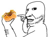 arm closed_mouth food hamburger hand holding_object mustache pointing soyjak stubble variant:holdjak // 592x461 // 51.5KB