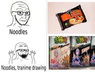 2soyjaks anime closed_mouth glasses hand hands_up noodles open_mouth place_japan ramen soyjak stubble text thing_japanese variant:excited_soyjak variant:soyak // 939x708 // 393.9KB